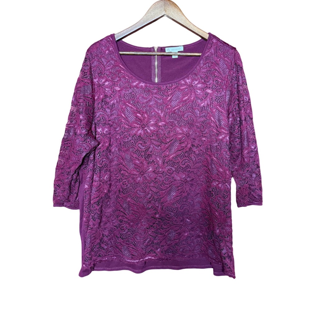 DressBarn Established 1962 Women 2X Burgundy Lace Front 3/4 Sleeve Zip Back Top